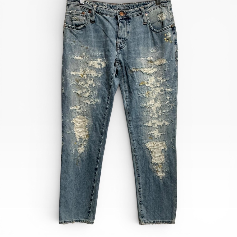 (+) People Denim Chocolate Artisan Distressed Gold Paint Splatter Jeans Italy 29